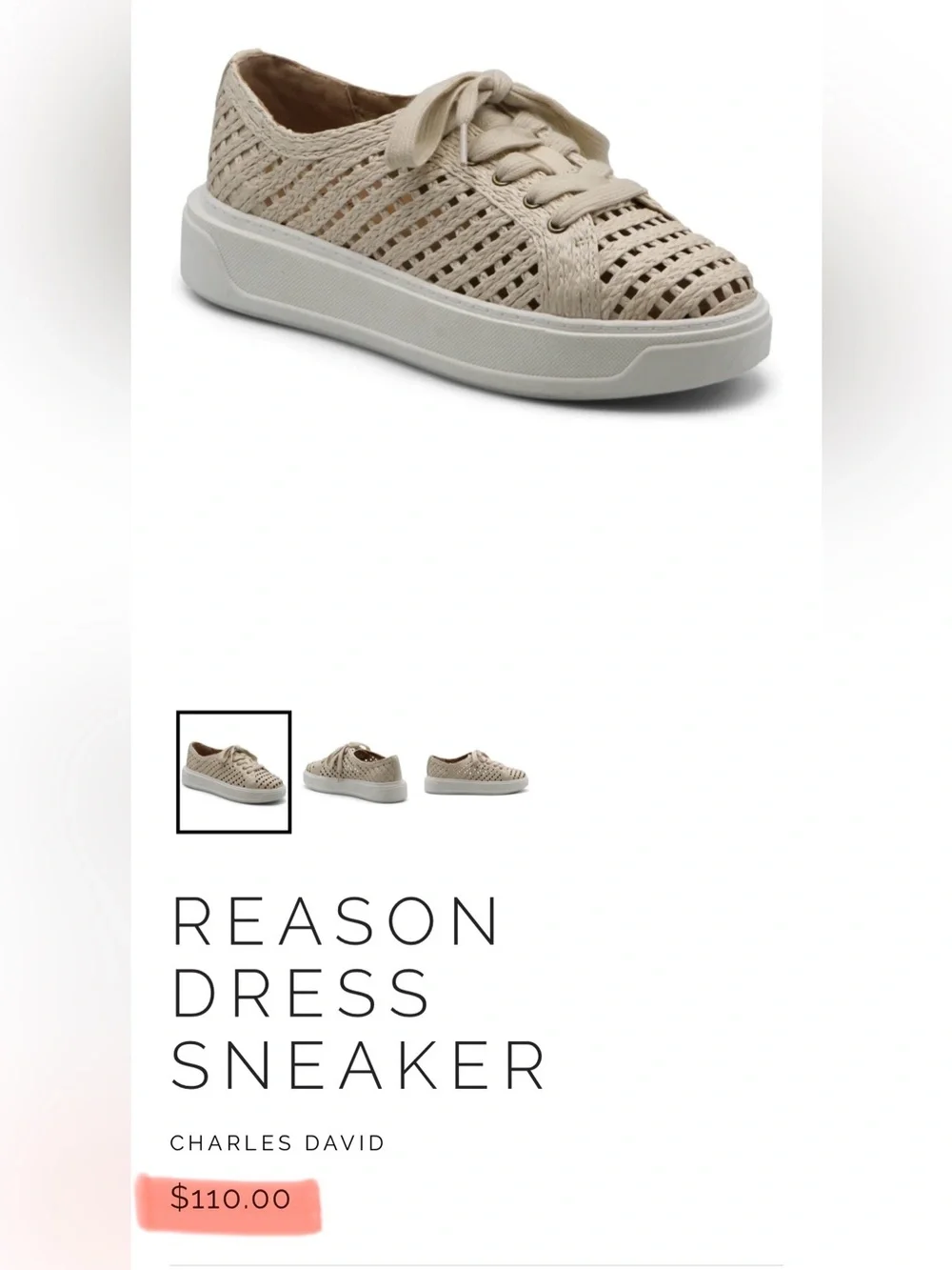 Charles David Sport Reason Raffia Platform Dress Sneaker Cream Ecru NEW